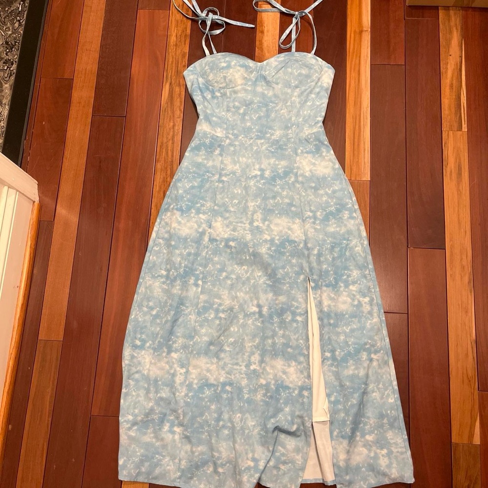 Sky Blue Tie-Dye Midi Dress with Front Slit